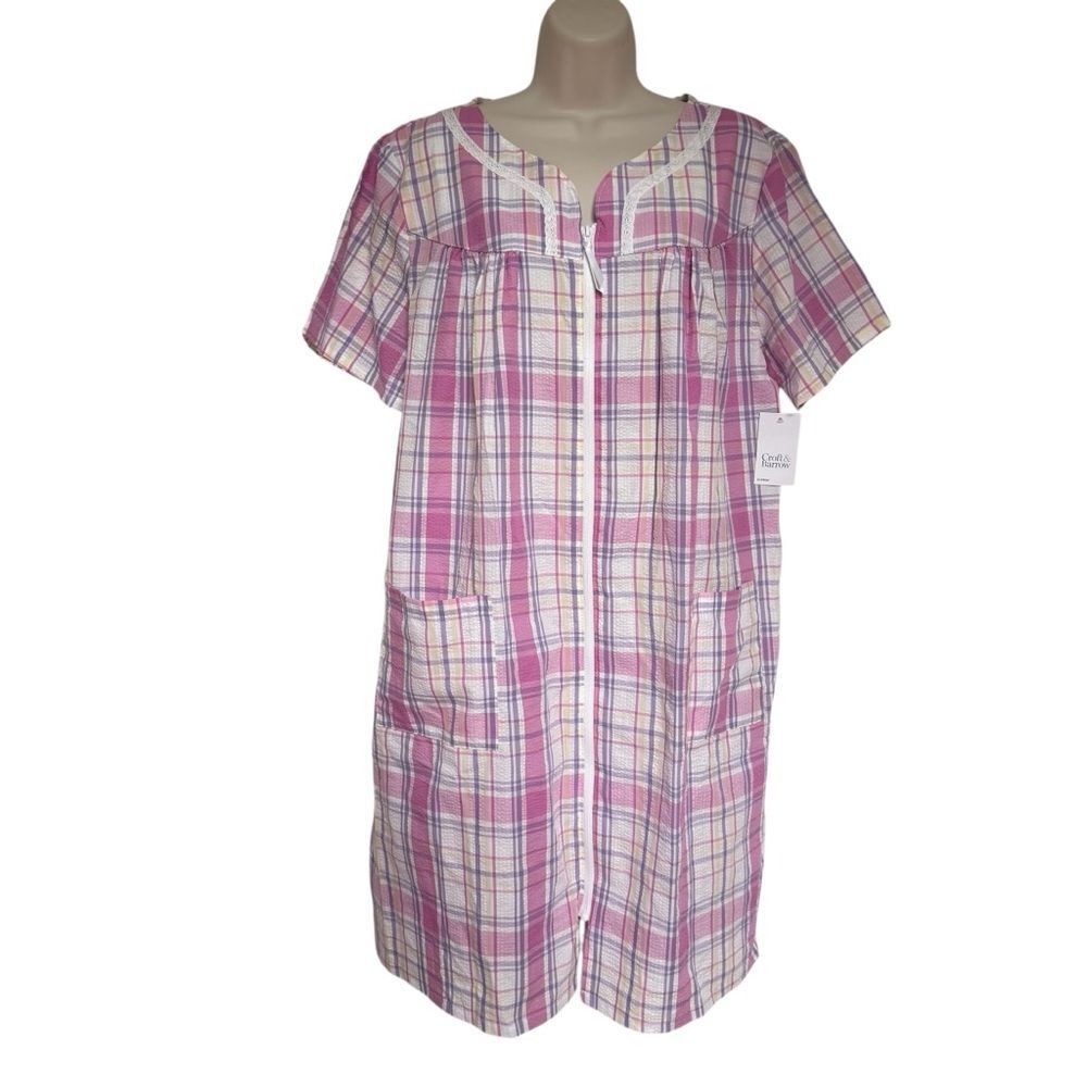 NWT Croft & Barrow Pink Purple Plaid Seersucker Zip-Up Housecoat Robe Sz XL NEW